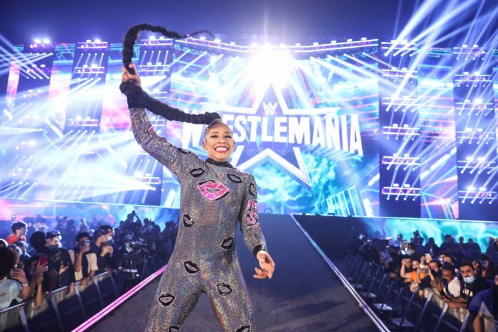 Bianca Belair celebrates after winning her match at Elimination Chamber